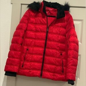 Nautica Women's Vibrant Red Puffer Coat with Faux Fur Hood